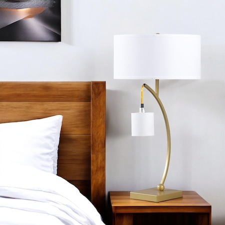 Homeroots 29" Gold Metal Two Light Arched Table Lamp With White Drum Shade 524265