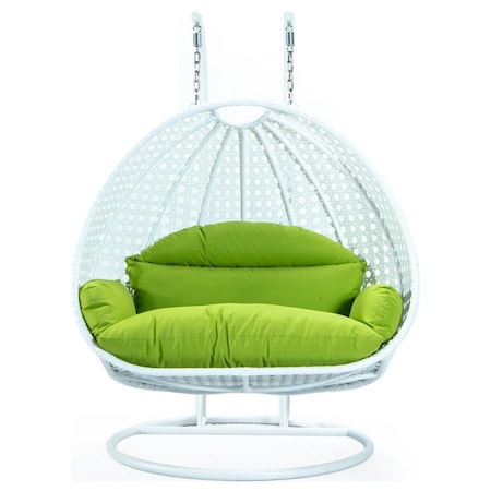 Leisuremod White Wicker Hanging 2 person Egg Swing Chair with Light Green Cushions ESCW-57LG