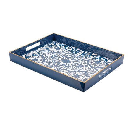 Homeroots 16" Blue And White Geometric Star And Trees Serving Tray With Handles 634487