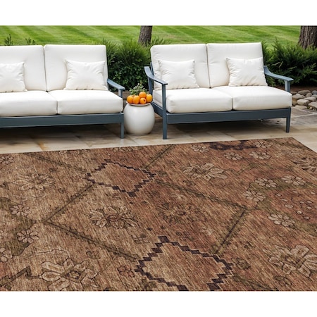 Homeroots 10' X 14' Orange Copper And Brown Floral Washable Indoor Outdoor Area Rug 588911