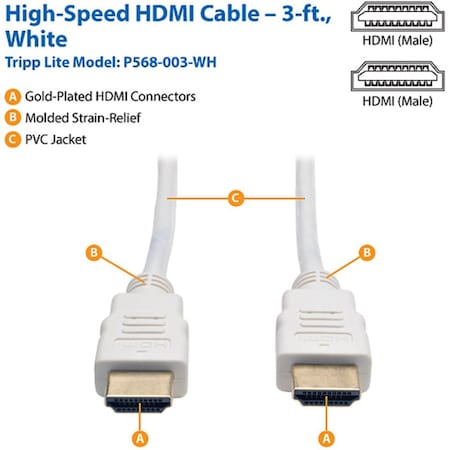 Tripp Lite 3FT HIGH SPEED HDMI CABLE DIGITAL VIDEO WITH AUDIO 4K X 2K M/M WHITE 3FT P568-003-WH
