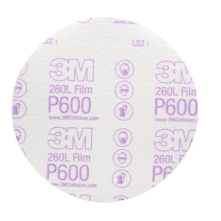 3M Hook-and-Loop Sanding Disc, 6" Dia, No Hole, Aluminum Oxide, P600 Grit, Coated Type, 260L 60650034972