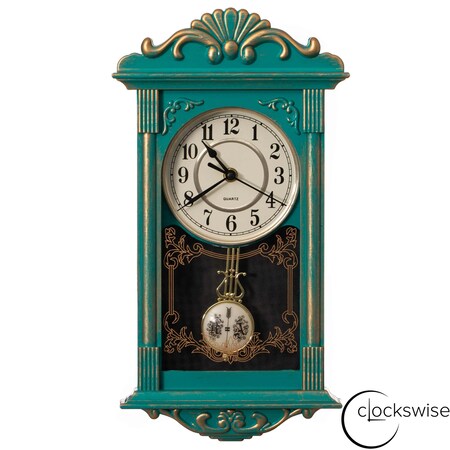 Clockswise Wall Clock with Wood-Effect Plastic Pendulum, Battery-Operated - Green with Distressed Finish QI004145.GN