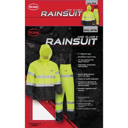 Boss 2XL 2-Piece ANSI Class 3 Hi-Visibility Rain Suit B44531/2XL