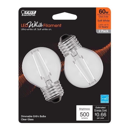 Feit Electric LED G16.5 E26 60W SW, 2PK BPGM60927WFIL2