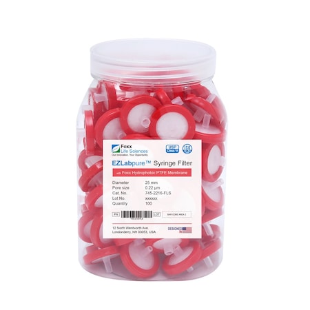 Foxx Life Sciences EZlabpure Hydrophobic PTFE Syringe Filters, 0.22um Pore Size Membrane, 25 mm, Non-Sterile, 100PK 745-2216-FLS