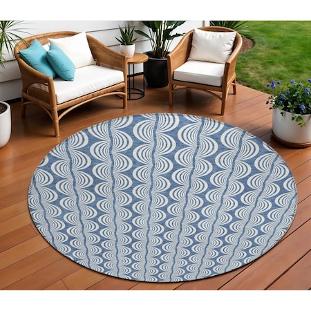 Homeroots 8' Denim Blue And Ivory Round Ogee Washable Indoor Outdoor Area Rug 601550