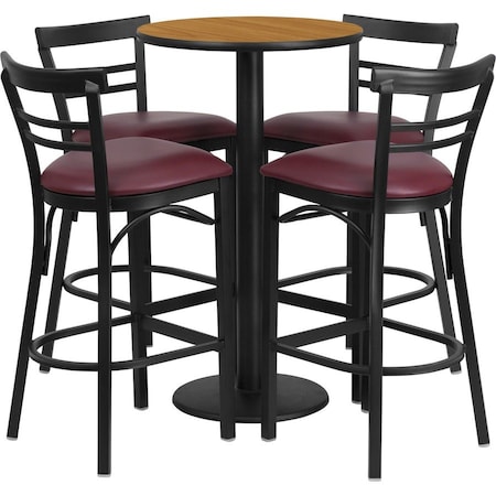 Flash Furniture Round Ntural Bar Table, Rnd Base, Burg Seats, 24", Laminate Top, Wood Grain RSRB1039-GG