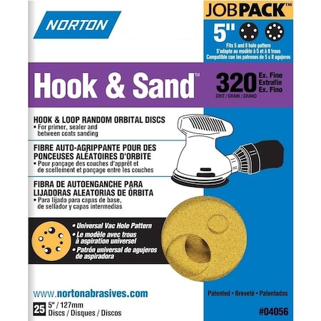 Norton Co 0 Sanding Disc, 5 in Dia, Coated, P320 Grit, Extra Fine, Aluminum Oxide Abrasive, Universal Vacuum 4056