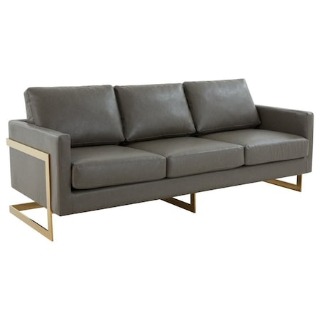 Leisuremod Lincoln Upholstered Leather Sofa with Gold Frame, Grey LA83GR-L