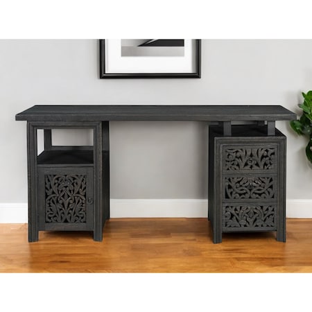 Homeroots 68" Black Carved Floral Scroll Solid Wood Computer Desk With Three Drawers 569608