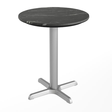 Flash Furniture Commercial All-Weather 24" Black Faux Marble HPL Tabletop with Silver X Base ST-RD24-BKMAR-T2222S-GG