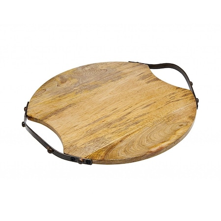 Homeroots 13in Natural Brown Round Wood and Metal Tray 517498