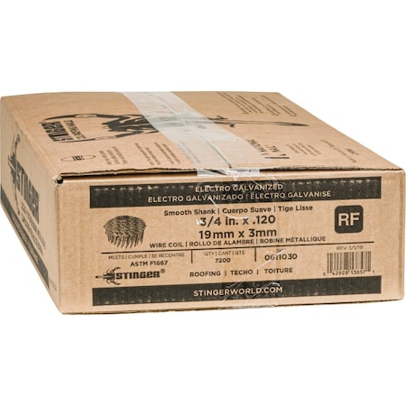 Stinger 3/4'' x 0.120'' 15 Degree Wire Weld Electro Galvanized Coil Roofing Nail, 7200 Ct. 611030