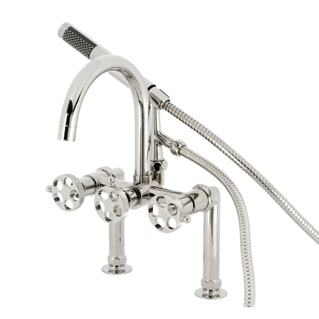 Kingston Brass 7" Center Deck-Mount Clawfoot Tub Faucet with Knurled Handle and Hand Shower, Polished Nickel AE8106RKX
