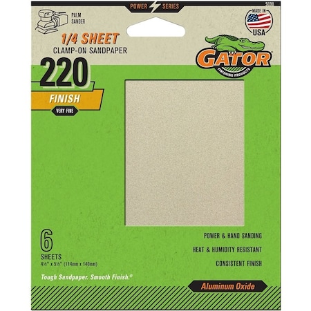 Gator Sanding Sheet, 4-1/2 in W, 5-1/2 in L, 220 Grit, Extra Fine, Aluminum Oxide Abrasive, Paper Backing 5030