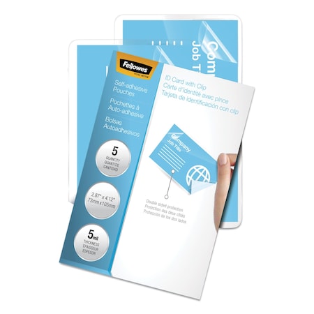 Fellowes Self-Adhesive Laminating Pouches, 5 mil, 3.88in x 2.38in, Gloss Clear, 5PK 5220101