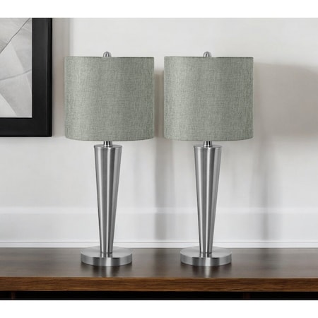 Homeroots Set of Two 24" Silver Metal Candlestick USB Table Lamps With Gray Drum Shade 545825