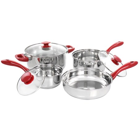 Gibson Home Crawson 7 Piece Stainless Steel Cookware Set in Chrome with Red Handles 127768.07