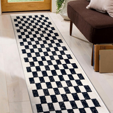 World Rug Gallery Contemporary Checkered Runner Rug 2 ft 3 in x 8 ft Black WR102BLACK2X8