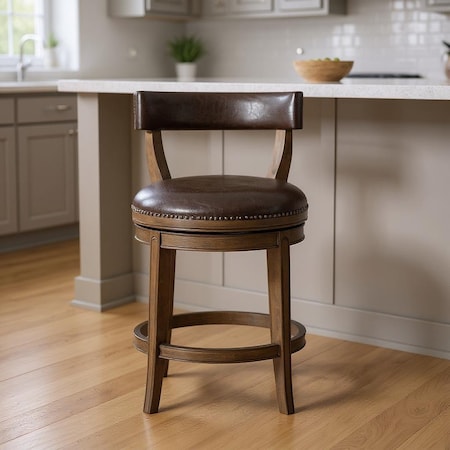 Homeroots 26" Brown Faux Leather and Solid Wood Low Back Counter Height Swivel Bar Chair 632383