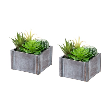 Monarch Specialties Artificial Plant, 8-in. Tall, Succulent, Table, Grey Wooden Pots, Contemporary, Modern, 2PK I 9370