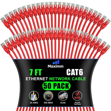 Maximm Cat6 Ethernet Cable 7ft 10Gbps 550MHz UTP, 50PK, Red, 50PK CAT6CCA-7RD-50PK