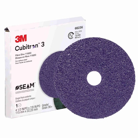 3M Cubitron 3 Fibre Disc, 36+, 4-1/2 in x 7/8 in, Die 450E, Single Pack, 10PK 1182C