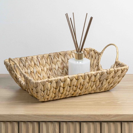 Happimess Rowan Hand-Woven Hyacinth Rectangular Decorative Basket Trays with Handles, Natural (Set of 3), 3PK TRY2000A-3SET