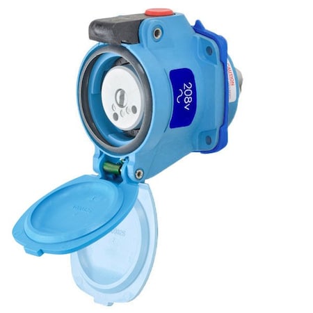 Meltric DSN20 RECEPTACLE POLY BLUE SIZE 1 TYPE 4X IP 69 2P+G 20 A 208 VAC 60 Hz NO AUX PADLOCK PAWL 63-14122-K16-843