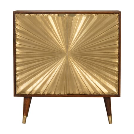 Homeroots 32in Chestnut and Gold Solid Wood Textured Door Accent Cabinet With Two Doors 654281