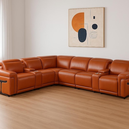 Homeroots Camel Italian Leather Modular L Shaped Eight Piece Corner Sectional With Console 534863