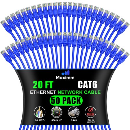 Maximm Cat6 Ethernet Cable 20ft 10Gbps 550MHz UTP, 50PK, Blue, 50PK CAT6CCA-20BL-50PK