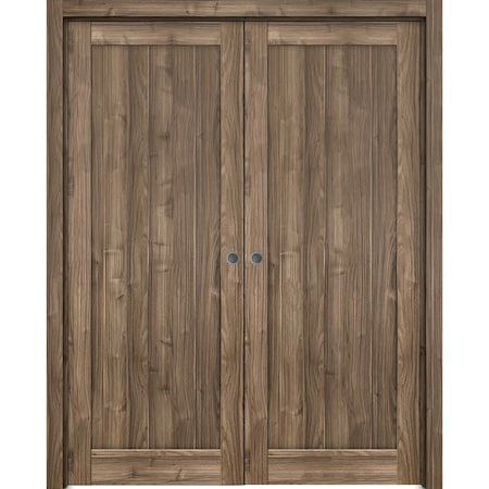 Sartodoors French Double Pocket Doors 36x84 Frames Walnut Solid Core Modern Interior QUADRO4111DP-WLN-3684