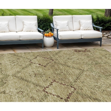 Homeroots 9' X 12' Brown Beige And Artichoke Green Floral Washable Indoor Outdoor Area Rug 588886