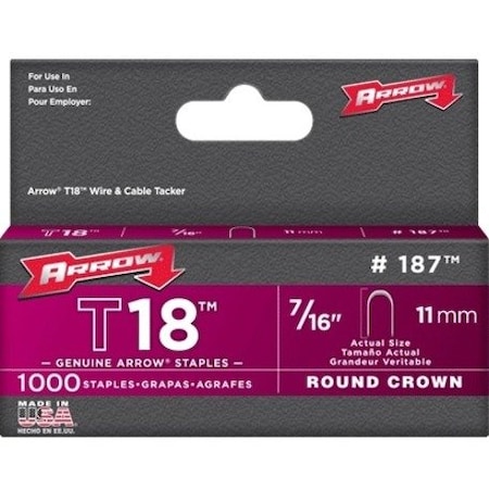 Arrow Fastener Heavy Duty Staples, 18 ga, Round Crown, 7/16 in Leg L, Steel 187