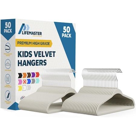 Lifemaster Ivory Velvet Kids Hangers 50 Pack, 10.83" Non-Slip, Slim ABS, Swivel Hook & Notches LMVVBH50IV