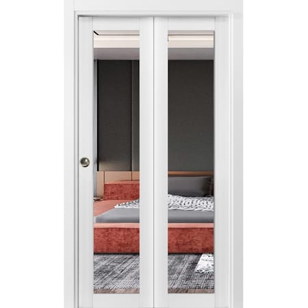 Sartodoors Sliding Closet Bi-fold Doors, Lucia 1299 White Silk with Mirror, Sturdy Tracks Moldings Trims Hard LUCIA1299BF-WS-48 x 80 (2* 24x80)