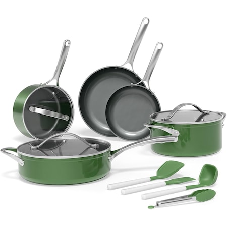 Bakkenmaster Bakken 12-Piece Aluminum Cookware Set, Nonstick, PTFE & PFAS Free, Green, Oven Safe BAKCRMIC8GRN