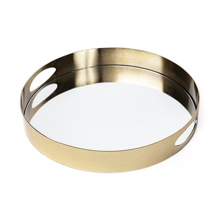 Homeroots 15in Gold And Mirrored Glass Round Metal Tray With Handles 376026