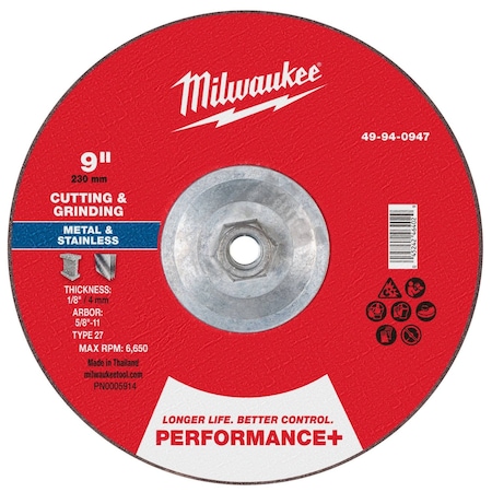 Milwaukee Tool Cut-Off & Grinding Wheel, 7/8" Sz, 9" dia. 49-94-0947