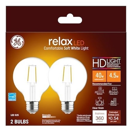Ge Relax LED Bulb, Globe, G25 Lamp, 40 W Equivalent, E26 Lamp Base, Dimmable, Clear, PK2 31536