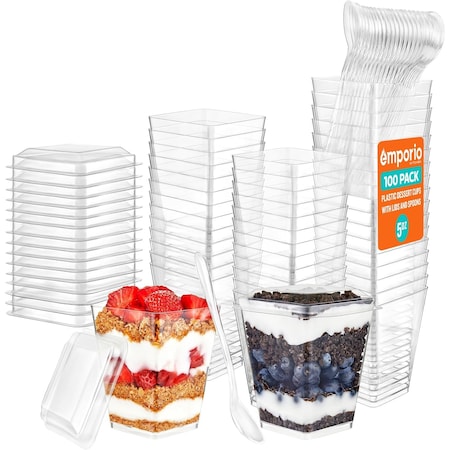 Emporio Kitchen 5oz Plastic Dessert Cups with Lids and Spoons, Clear, BPA-Free, Reusable, 100PK EMPKDC100