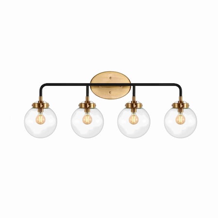 Jonathan Y Caleb 30.75" 4-Light Contemporary Transitional Iron/Glass LED Vanity Light, Black/Brass Gold JYL9554A