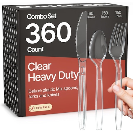 Bakkenmaster Disposable Cutlery Set Forks, Knives and Spoons, Heavy-Duty BPA-Free Plastic, Reusable, 360PK BK-360CM