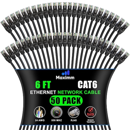 Maximm Cat6 Ethernet Cable 10Gbps 550MHz UTP, 50PK, Black, 50PK BK50PK08