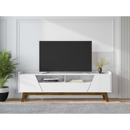 Manhattan Comfort Mid-Century Modern Marcus 70.86 TV Stand with Solid Wood Legs in White 261BMC6