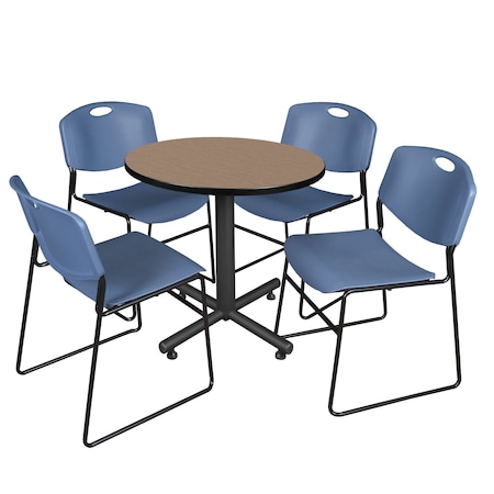 Regency Round Kobe Breakroom Table W/ 4 Zeng Stack Chairs, 30 in W, 30 in L, Noble Oak TKB30RNDNO44BE