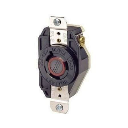 Leviton Flanged Locking Receptacle, L8-20R, 20 A, 480V AC, Single Phase, 2 Pole, Flush Mount, Black 2340