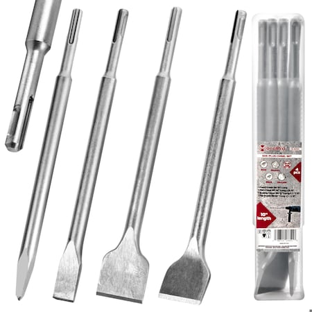 Monopro SDS Plus Chisel Set for Rotary Hammer Drills, 4pcs, Point, Flat, Scaling, Tile Chisels, 40Cr Steel CS-SDS4